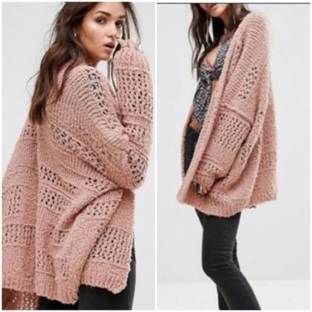 Free People Oversized Open Weave Cardigan Sweater Dusty Rose M L